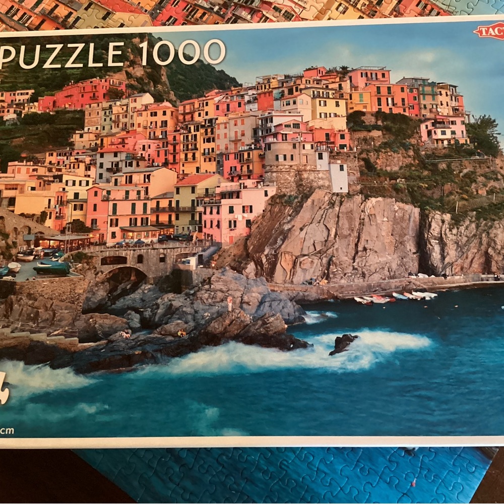 Jigsaw puzzle, 1000 pieces, seaside village landscape, no pieces missing